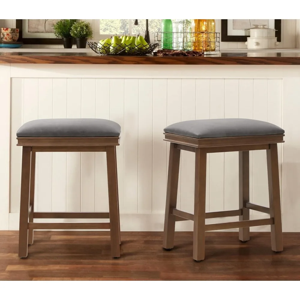 

Grey Bar Stools Set of 2 Counter Height for Kitchen Counter Solid Wood Legs with Faux Leather Padded Seat Farmhouse