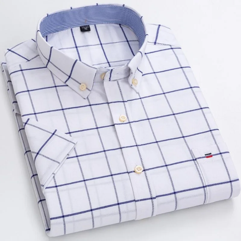 

Men Shirt 100% Cotton Oxford Striped Shirt Plaid Shirt 7XL Casual Mens Button Up Shirt Men Shirt Short Sleeve Slim Fit Shirt Men
