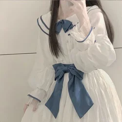 Harajuku Sweet Sailor Collar White Dresses Summer New Slim Waist Bow Vestidos Mujer Y2k E-Girl Long Sleeve Dress for Women