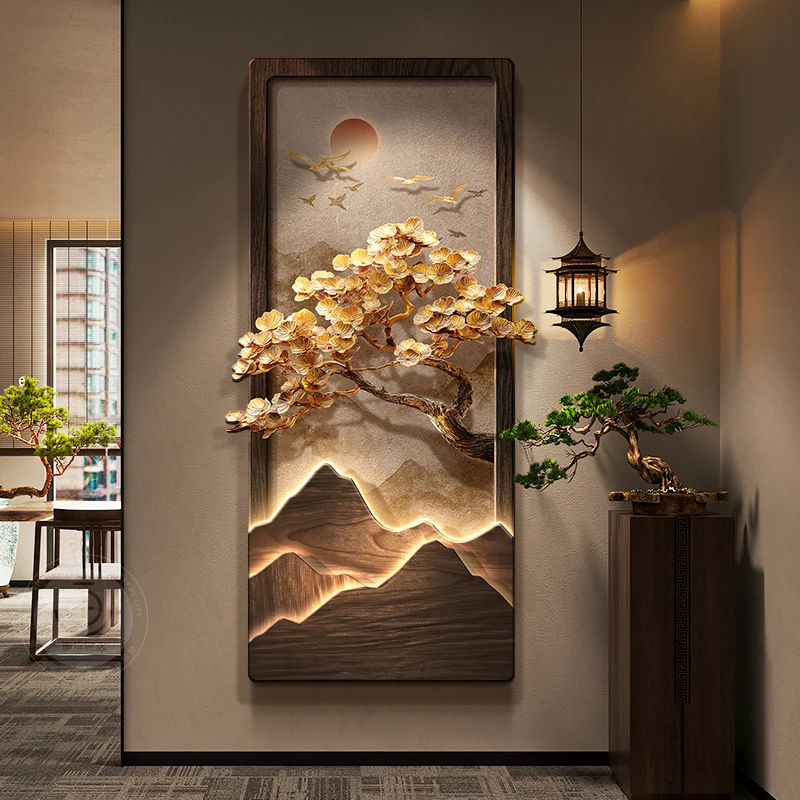 New Chinese style luxury tree entrance decoration painting, landscape painting, corridor hanging painting, high-end wall lamp