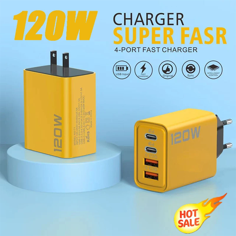 120W QC 3.0 Type C USB Charger PD Fast Charge For iPhone 12 13 Samsung S21 Huawei Xiaomi Mobile Phone EU/US Plug Wall Charger