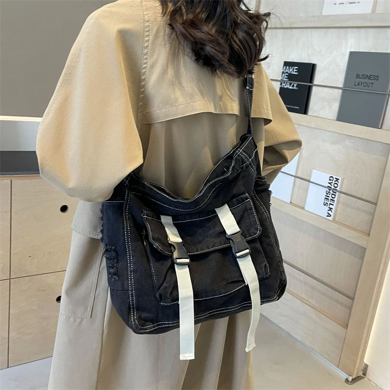 Denim Solid Fashion Shoulder Bags Zipper Women\'s Bags on Sale 2024 Wysokiej jakości nici do szycia Crossbody Bag Bolsas De Ombro