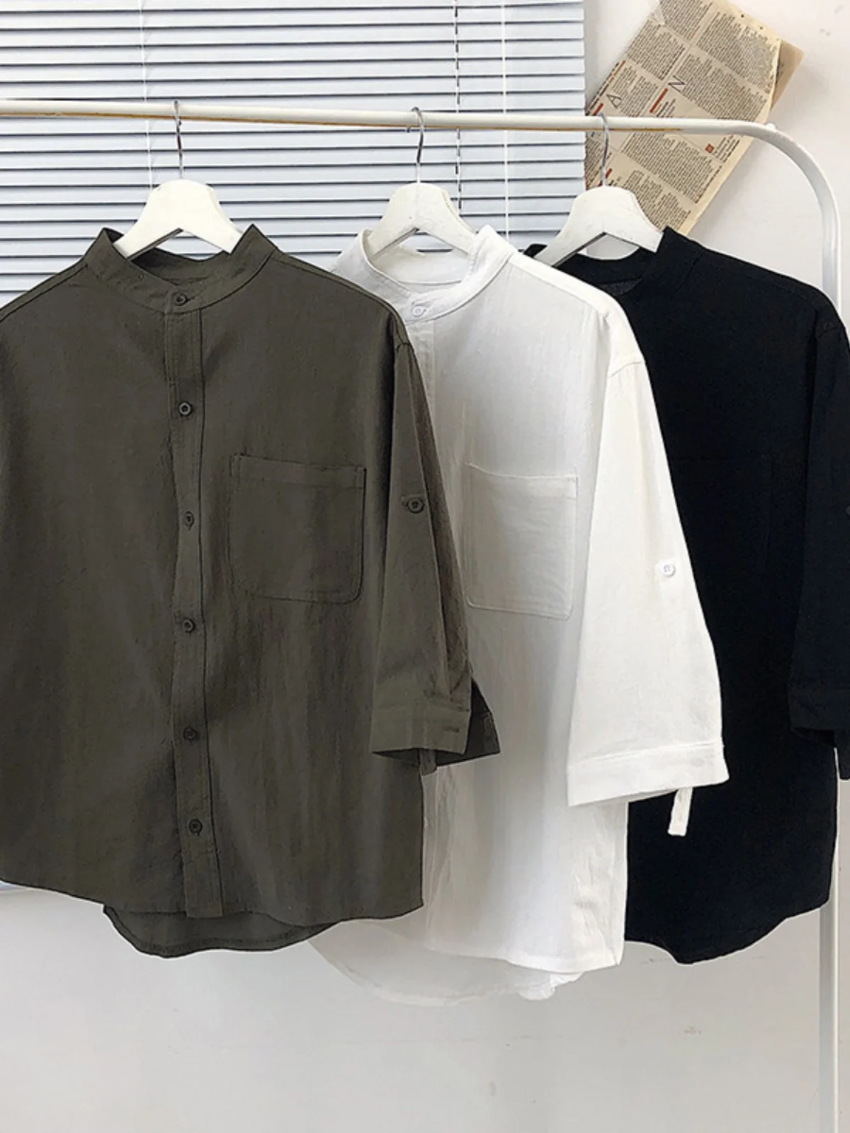 

Tech Fabric Waed Cotton Linen Men's ort Sve irt Moisture ng Breathable Stand Collar Casual Summer irt