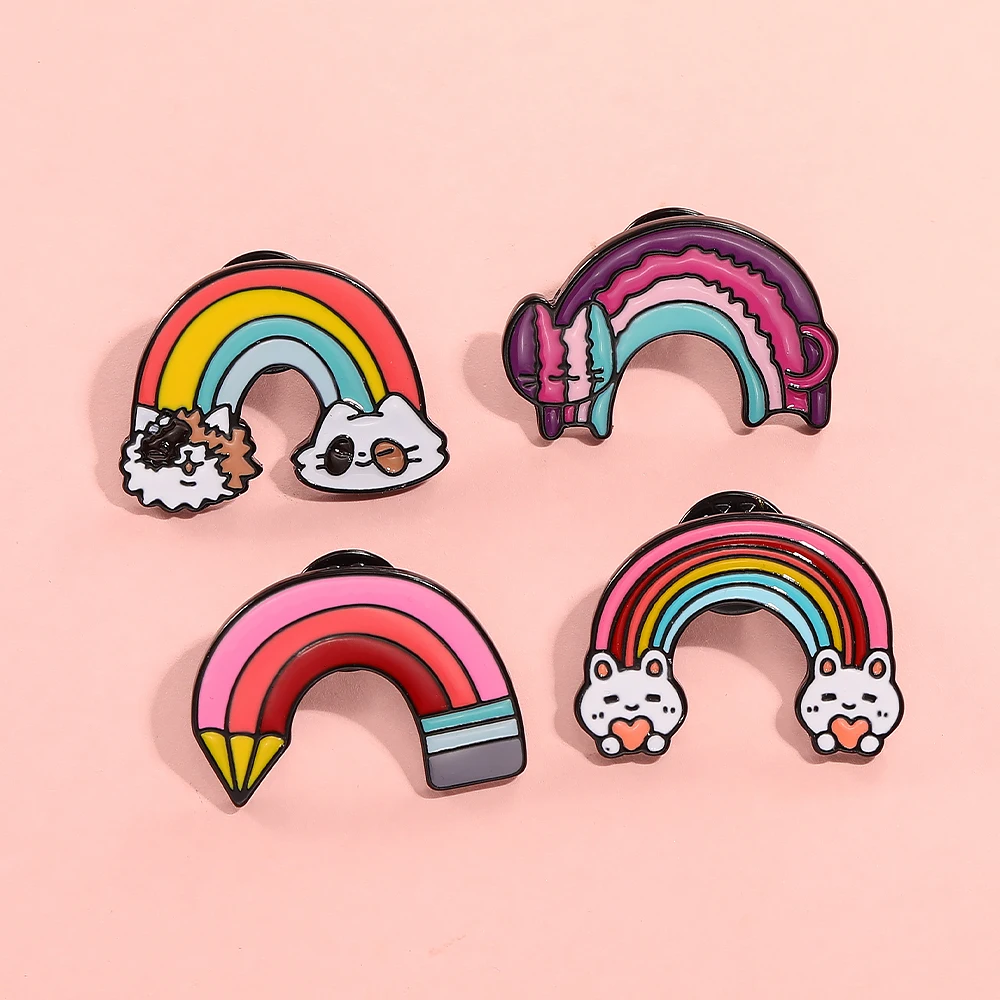 New Creative Rainbow Animal Collection Pins Colorful Cat Rabbit Pencil Enamel Brooches Cheap Jewelry Wholesale