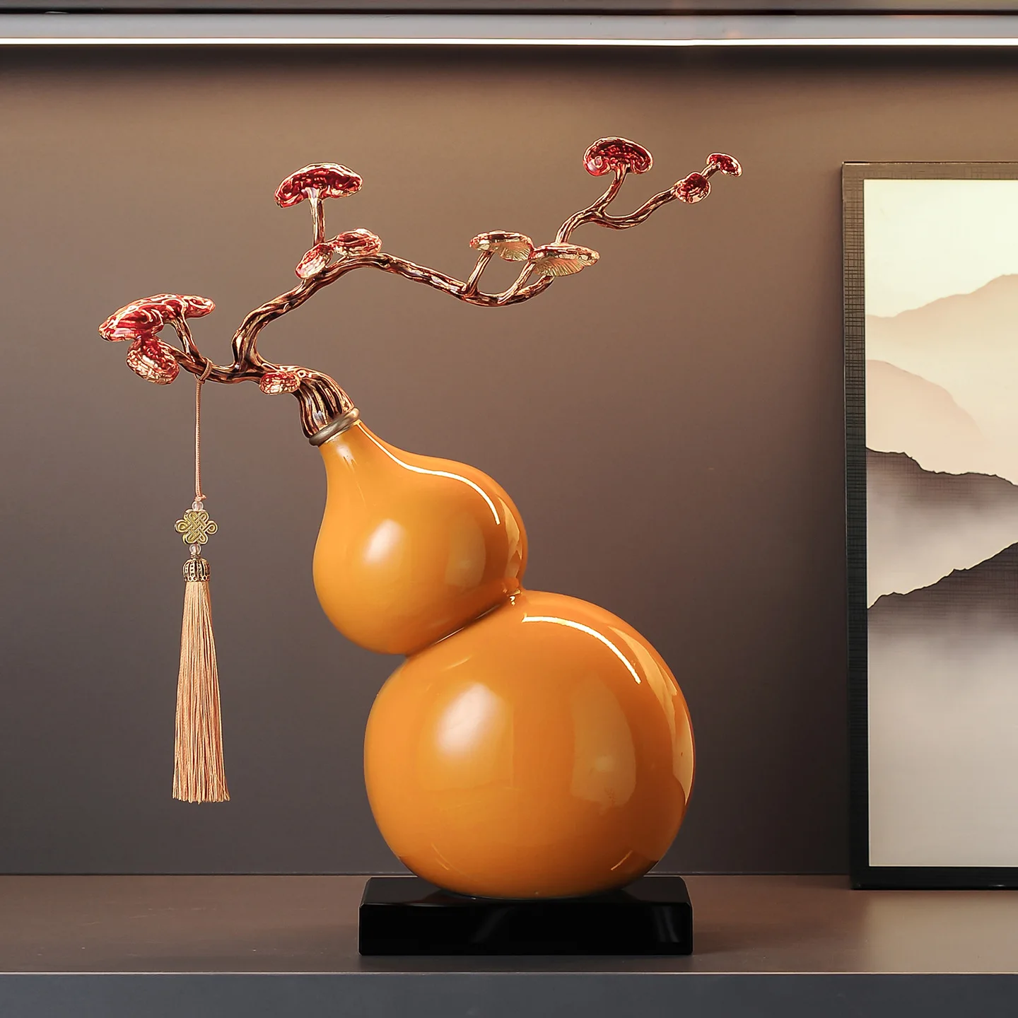 Blooming Peony Ceramic Gourd Vase, Feng Shui Lucky Decor for Entryway Wine Cabinet, Home Accent