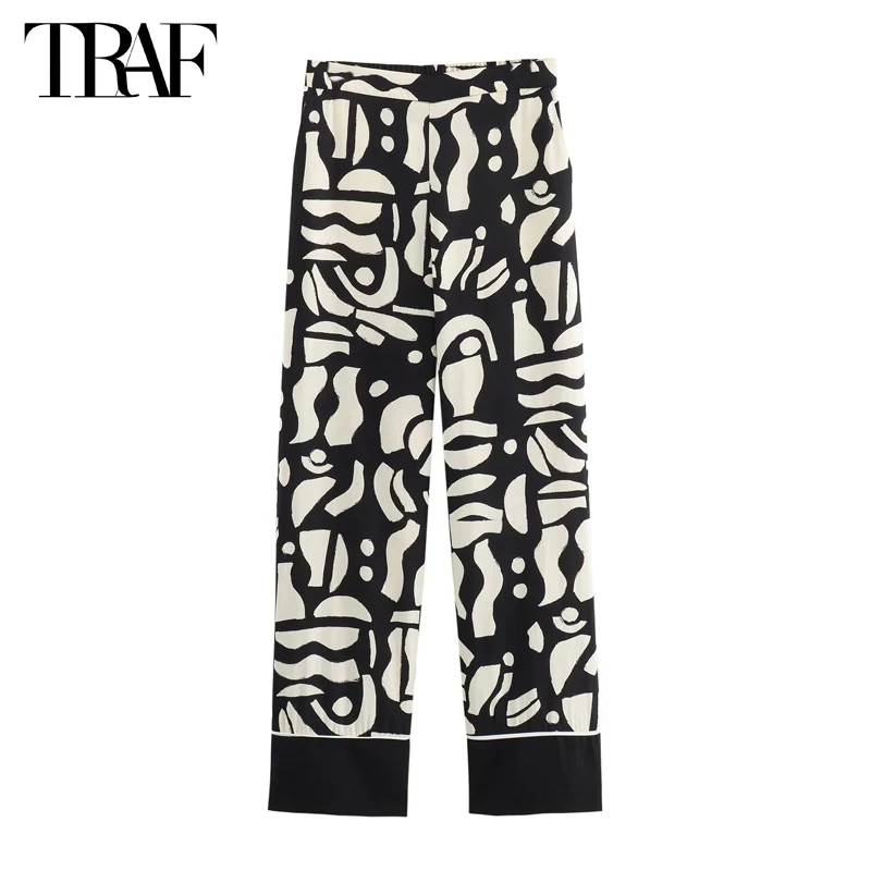 TRAF Print High Waist Pants for Women Straight Leg Woman Trousers Summer Holiday Women\'s Pants Streetwear Pleated Pants Women