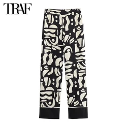 TRAF Print High Waist Pants for Women Straight Leg Woman Trousers Summer Holiday Women's Pants Streetwear Pleated Pants Women