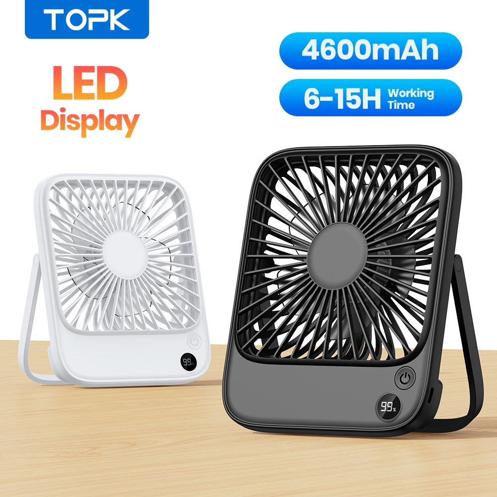 TOPK Przenośny wentylator akumulatorowy Elektryczny mini wentylator na kemping, akumulator 4600 mAh Wentylator biurkowy USB Małe ciche wentylatory stołowe do pokoju domowego