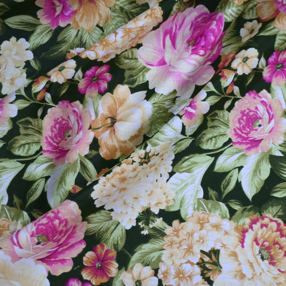 Tela de Sarga 100% Algodón, Estampado Floral de Peonías Verde Oscuro, 160 cm de Ancho, Textil Suave para el Hogar, Material de Alta Calidad para Cortinas y Ropa de Cama DIY