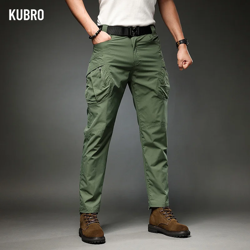 KUBRO American Fashion Mens Clothing Autumn Casual Versatile Multi Pocket Straight Cargo Pants Outdoor Camping Tactical Trousers