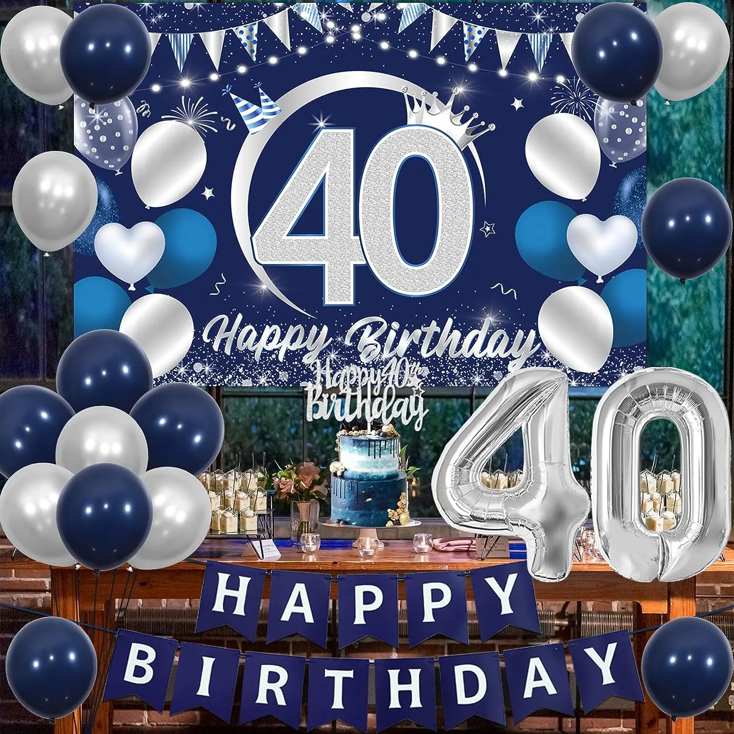 

Navy Blue Happy 40th Birthday Party Decorations for Men and Women, Backdrop Banner for 40 Years Old Anniversary