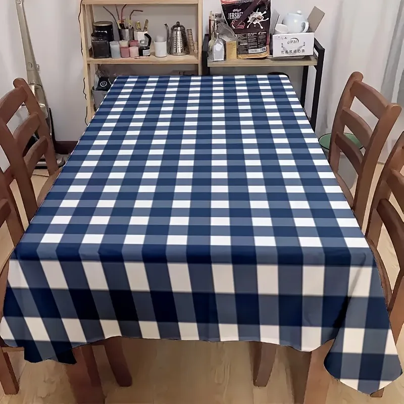 One simple tablecloth in blue and white check pattern, suitable for indoor/outdoor use throughout the seasons.zyc