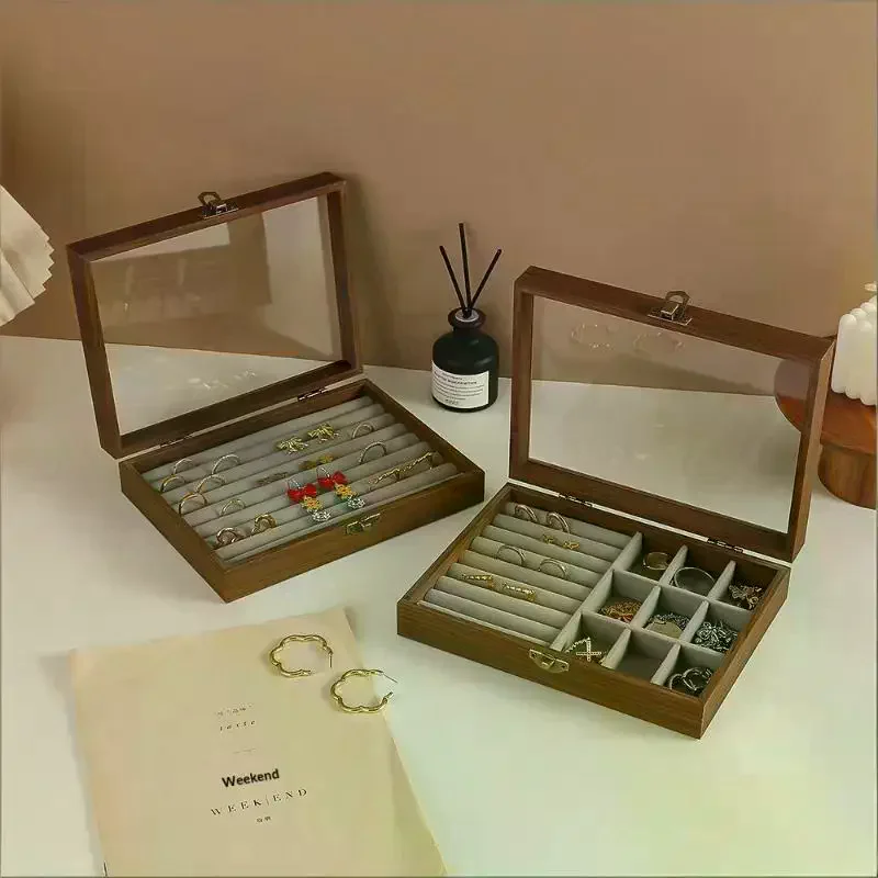 

Timeless Walnut Wood Tint Jewelry Archive Box with Lid, Dust Shielded Divisional Ring Earring Bracelet Organizer