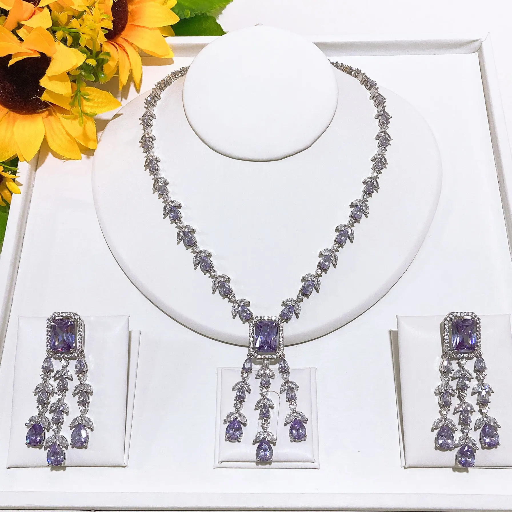 Beautiful Elegant American Zirconia Jewelry Set With Colorful Stones Trendy Wedding Necklace Bracelet Earring Ring Jewellery Set