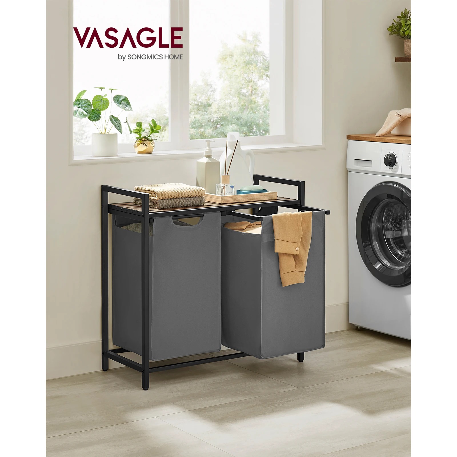 VASAGLE Laundry Basket, 2-Compartment, Pull-Out and Removable Laundry Bags,Metal Frame, 2 x 46L, 73 x 33 x 72 cm