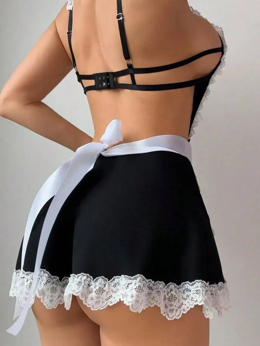 Sexy halter pescoço fenda oco rendas aparadas de volta empregada sem costas profundo v suspensórios vestido sem mangas com avental doce casaul fxi1
