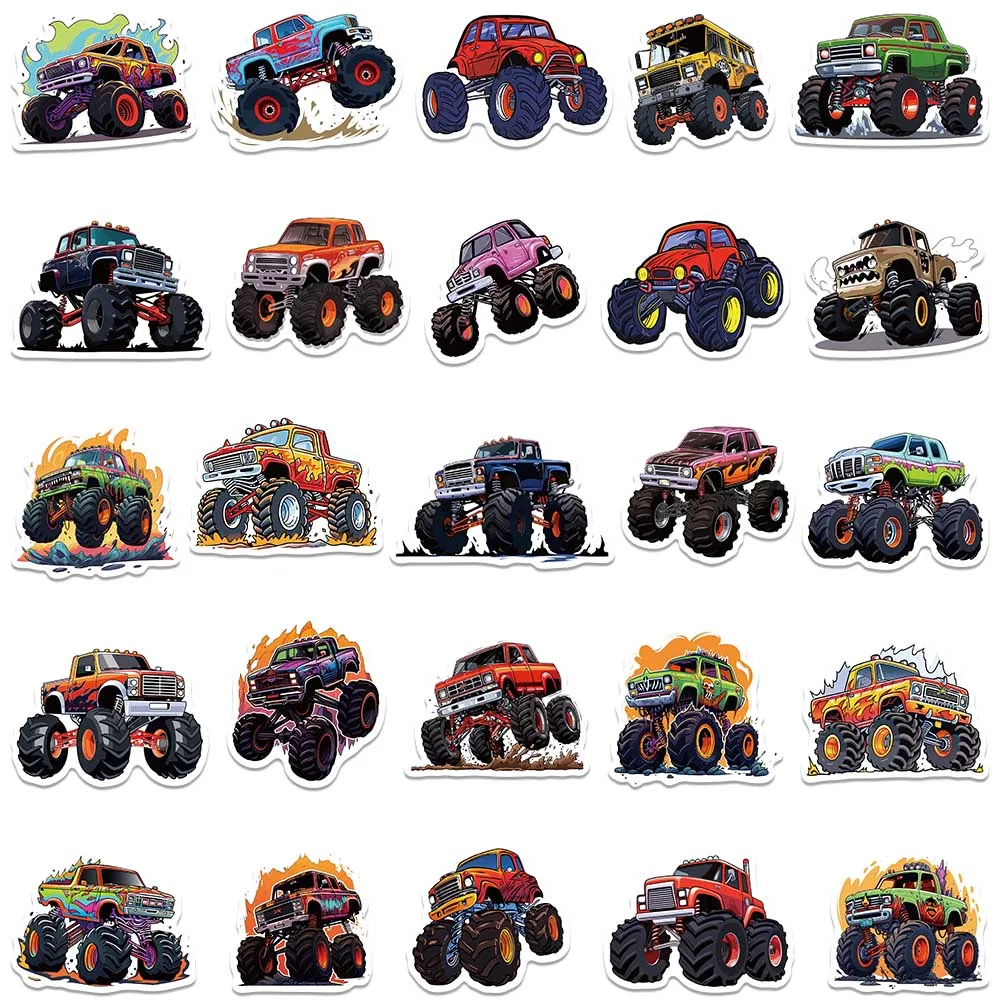 50pcs Cute Vinyl Decals Cartoon Monster Truck Stickers For Luggage Laptop Water Bottle Guitar Phone Waterproof Graffiti