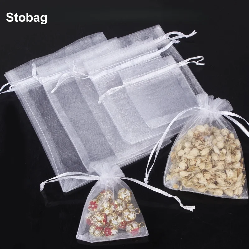 

StoBag 100pcs White Organza Bags Transparent Mesh Small Package for Jewelry Gift Candy Storage Bundle Pocket Pouch Wedding Party