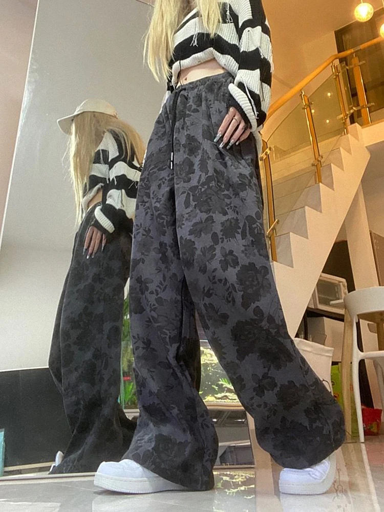 Zoki Retro Print Y2K Corduroy Pants Women High Waist Loose American Trousers Harajuku Streetwear Vintage Bf Casual Hip Hop Pants