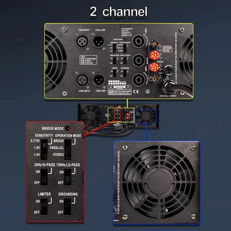 CA38 3U PA Amplificatore per basso professionale Apparecchiatura audio di classe H con altoparlante audio stereo con impedenza da 8 Ohm