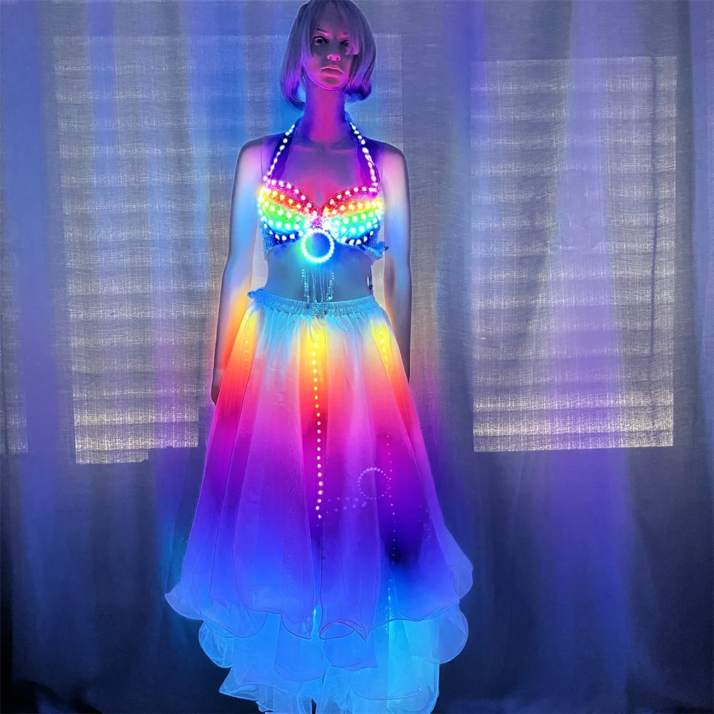 Magicool Full Color RGB Women Girl Led Bra Skirt Bar DJ Stage Dance Show Clothing Nightclub Performance Costumes Luminous Props