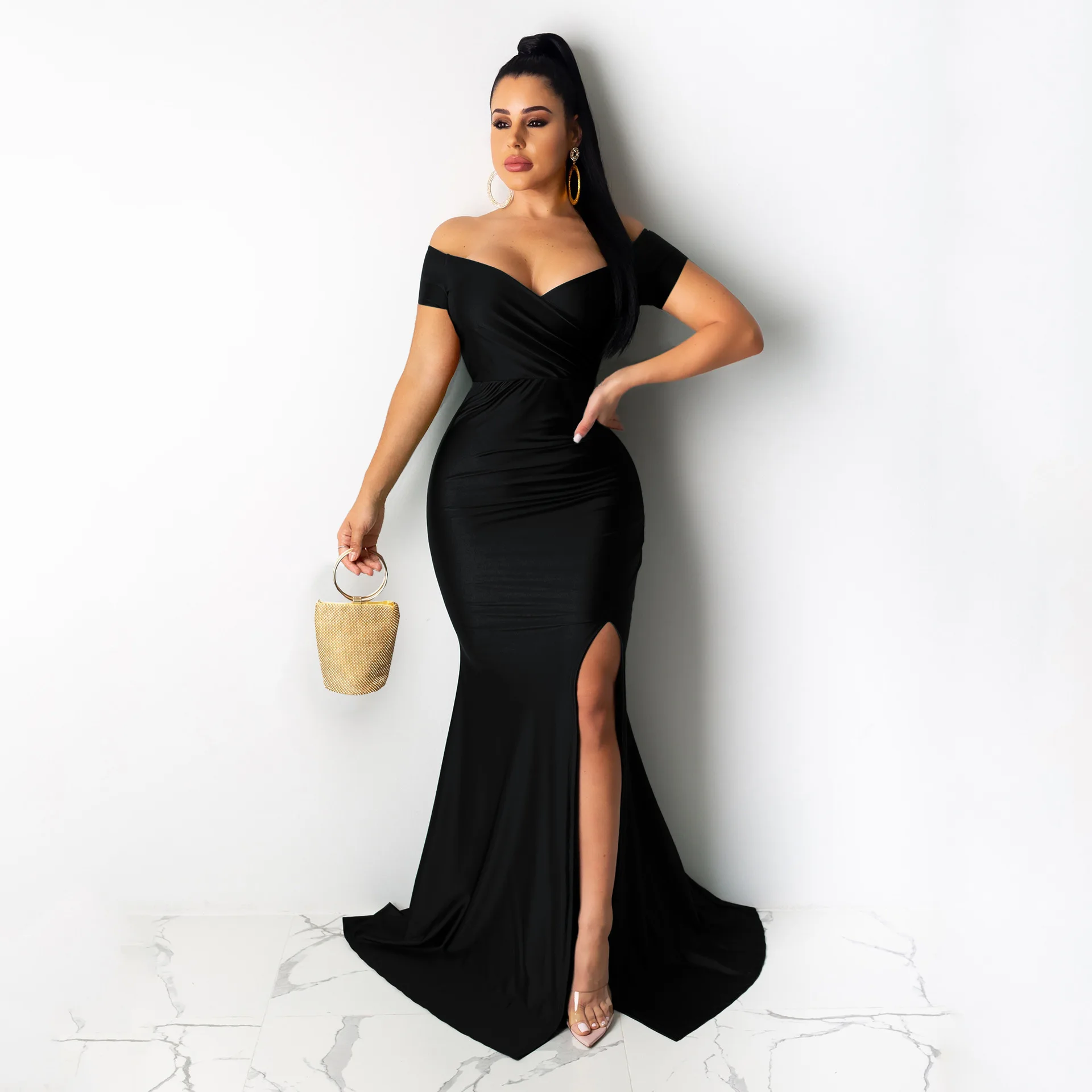 

BWQ Autumn Winter Women Off Shoulder Plunging V-neck High Side Split Mermaid Maxi Dress Sexy Night Party Club Long Dresses