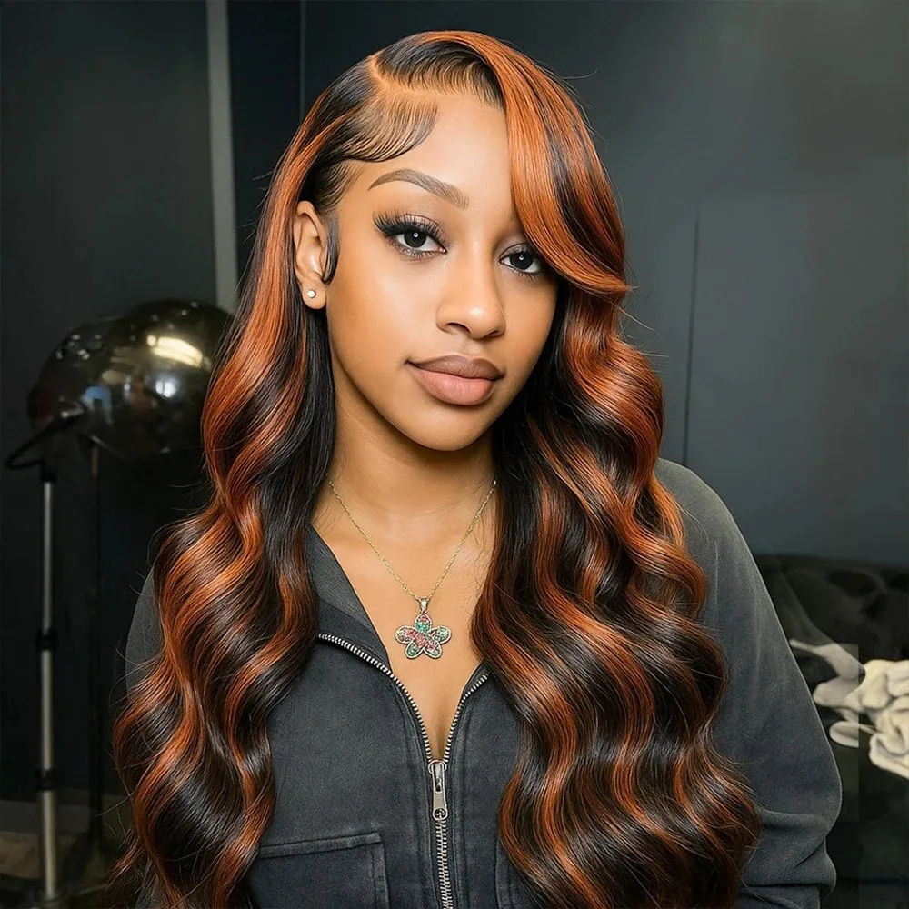 

220 Density 30 Inch 1B/30 Black Brown Body Wave Lace Front Human Hair Wigs Colored Highlight 13x6 HD Lace Frontal Wig Human Hair