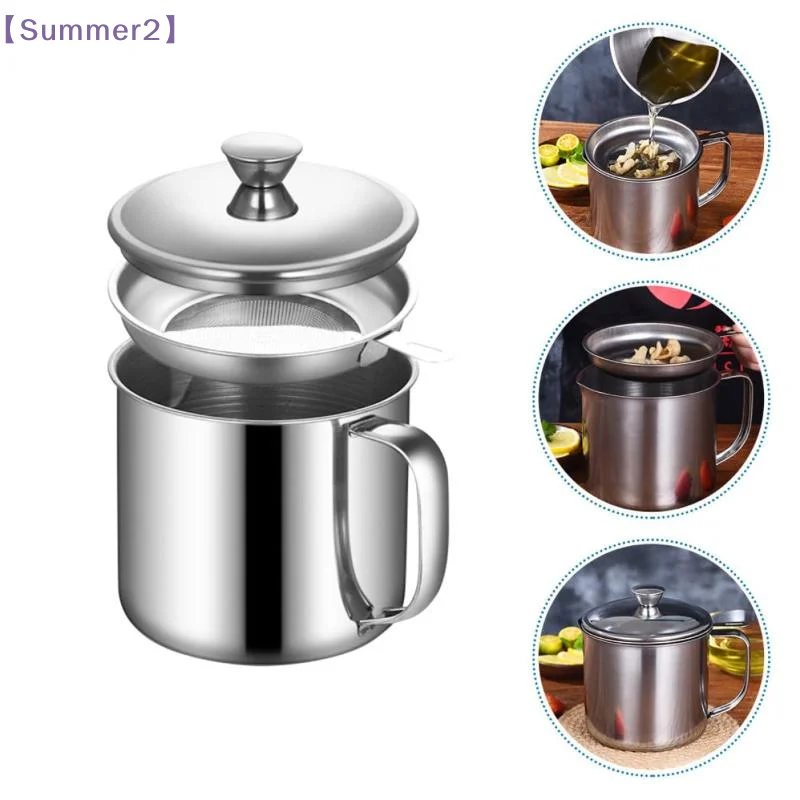 【Xia2】1.3L Stainless Steel Oil Filter Pot Kitchen Oil Container Can With Fine Mesh Strainer For Frying Oil Storage Reuse{S}