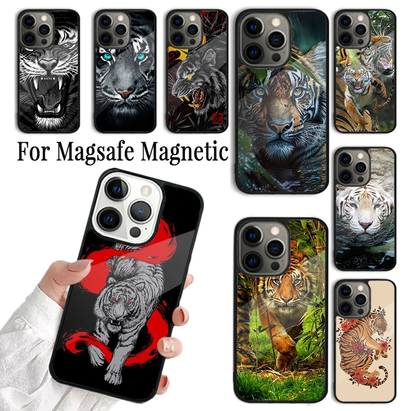 

Чехол для Телефона iPhone 16 15 14 13 12 Mini 11 Pro Max Plus Magsafe, магнитный чехол с беспроводной зарядкой и изображением тигра