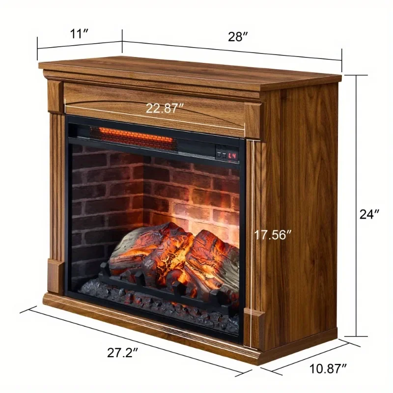 28in Electric Fireplace Heater Mantel with Removable Caster Wheel Multi-Color Flame Timer Low Noise Remote Control Operation