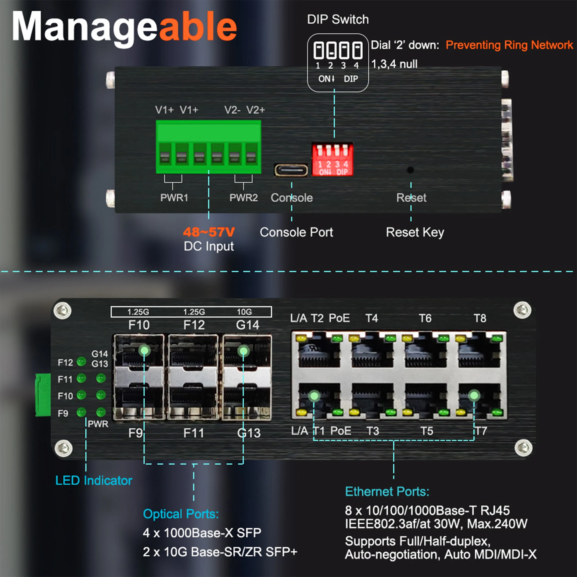 8 Ports Industrial Managed (PoE) Gigabit Fiber Switch with 4x1G SFP, 2x10G SFP+ Din Rail Support Ring Network WEB QOS VLAN IGMP