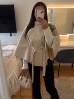Elegant Lace Up Fur Women's Jacket Long Sleeve High Neck Loose Female Coat 2025 Autumn Winter Fashion Gray Lady Warm Outwears