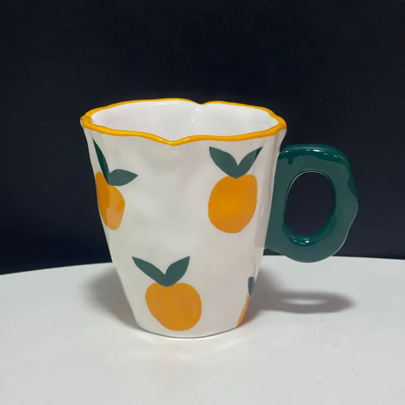 Creative and Lovely Hand-painted Ceramic Orange Mug with Irregular Coffee Cup for Office and Home Lovers Cup and Saucer Suit