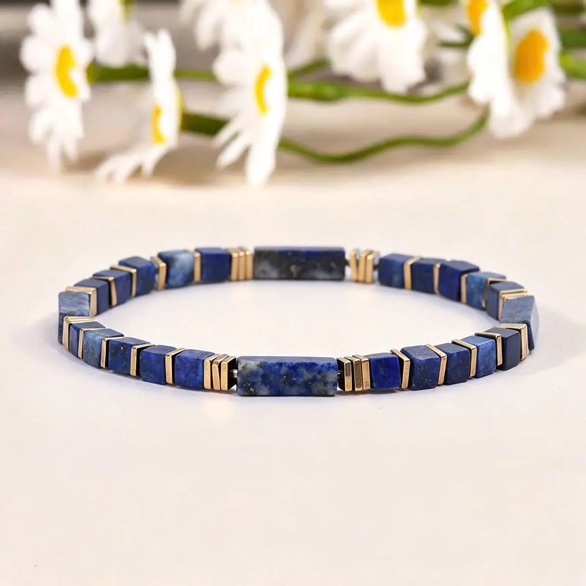 1pc Vintage style lapis lazuli cube bead bracelet, symbolizing wisdom and authenticity, worn daily by men and women