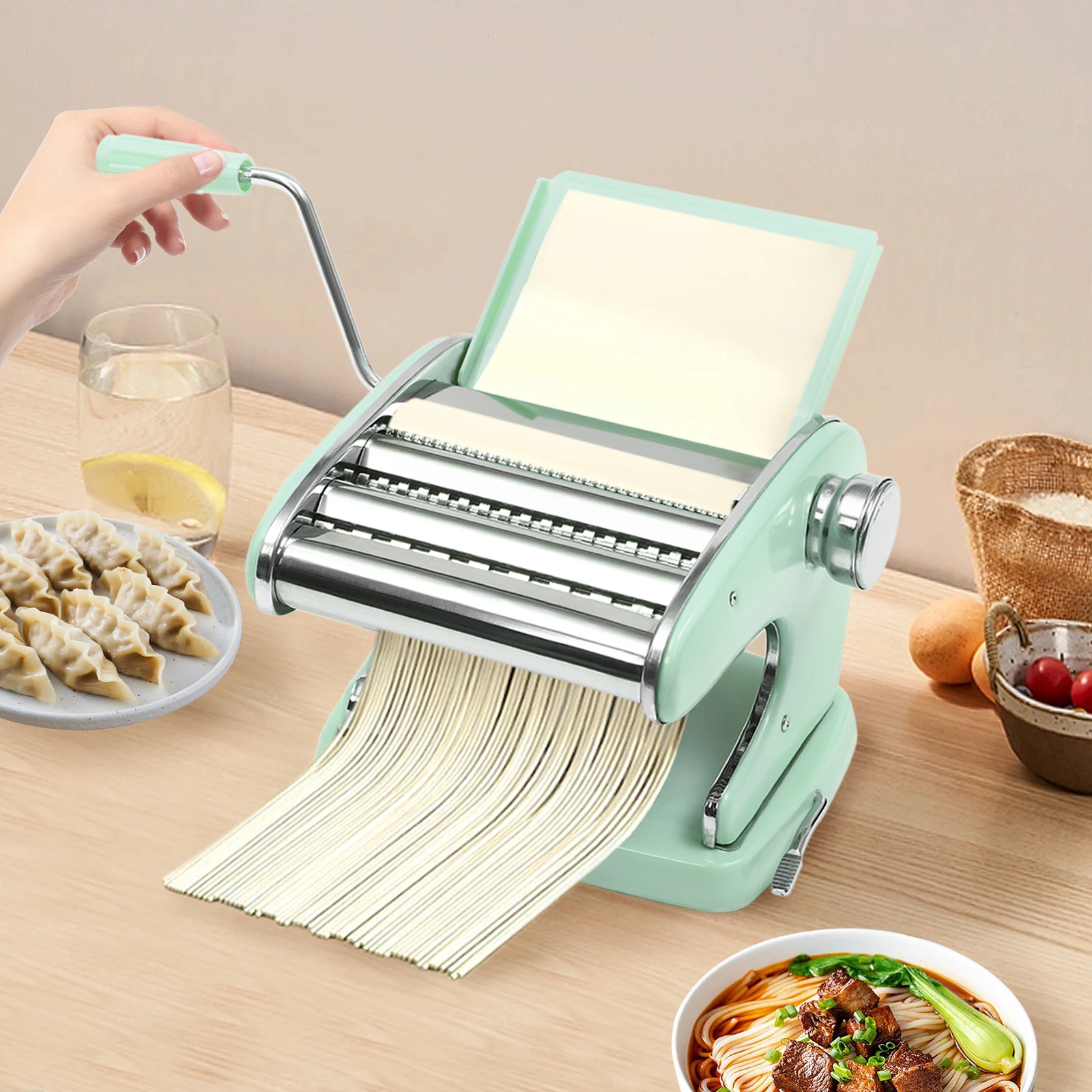 

Pasta Maker Machine Green, with 6 Adjustable Thickness Settings 0.3-5mm for Making Spaghetti, Lasagna, Dumpling Wrappers