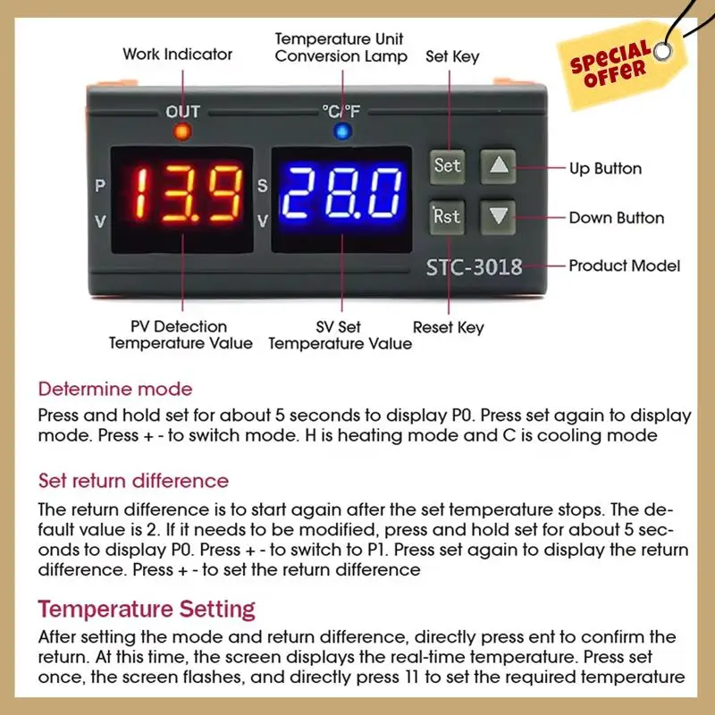 STC-3018 двойной цифровой регулятор температуры, два релейных выхода, терморегулятор, термостат с нагревателем, охладитель 24 В