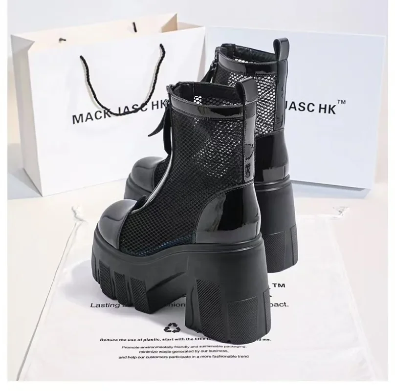 Black Gothic Style Platform Ankle Boots for Women Thick Bottom Breathable Summer Boots Woman 2024 Punk Chunky High Heels Booties