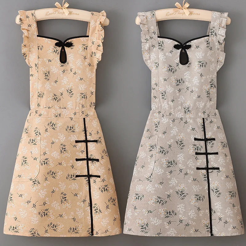 Women's Sleeveless Apron for Kitchen Anti-fouling Breathable Cooking Chinese Cheongsam Catering Dirt-resistant Overalls