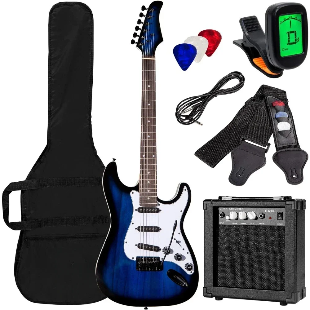 

39in Full Size Beginner Electric Guitar Starter Kit w/Case, Strap, 10W Amp, Strings, Pick, Tremolo Bar - Hollywood Blue