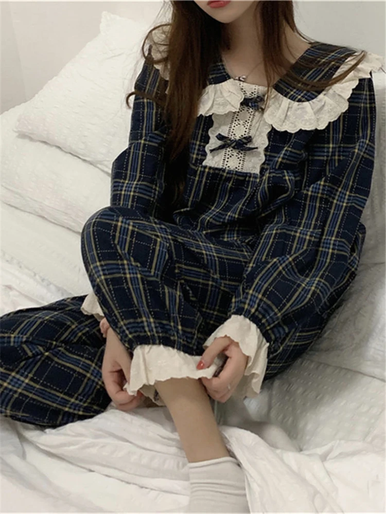 

Alien Kitty 2022 Chic Plaid Sleepwear Patchwork Lace Geometric Long Sleeves Home Clothes Loose Casual Chic Women Sweet Pajamas