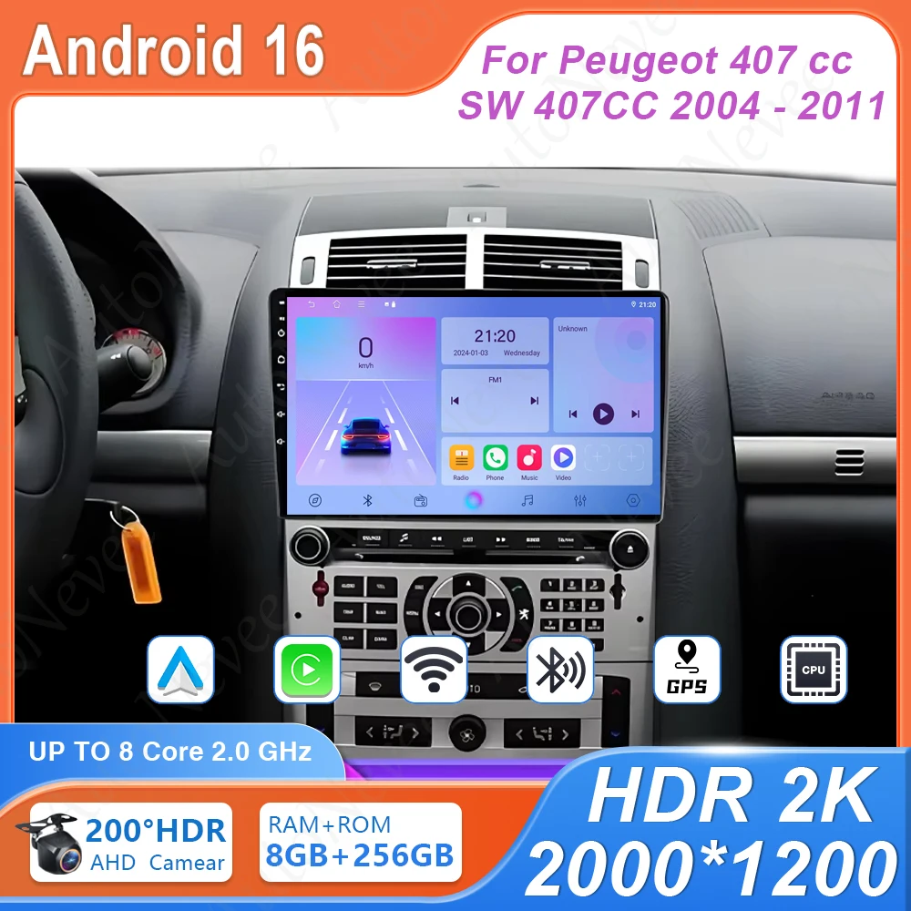 

Автомобильный мультимедийный видеоплеер для Peugeot 407 CC SW 407CC 2004-2011, Android автомагнитола с навигацией, стереосистема, CarPlay, без 2DIN