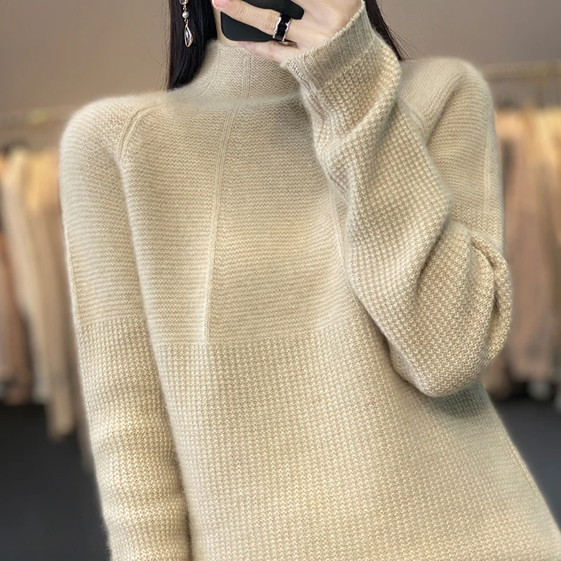 Autumn and winter new ladies 100% pure wool semi-high neck thick warm solid color sweater loose knit bottoming sweater