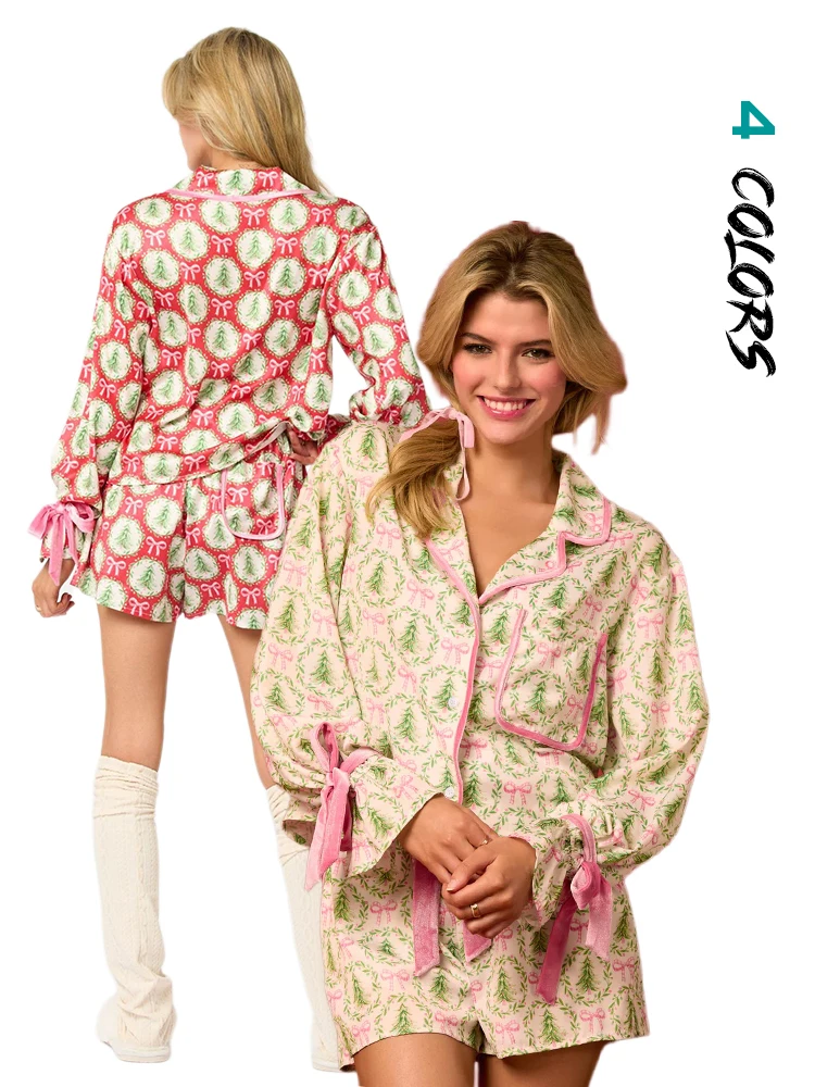 Conjuntos de pijama con lazo rosa para mujer, 2 piezas, pantalones cortos, camisetas de manga corta a juego, pijama de Santa Claus de los años 90,