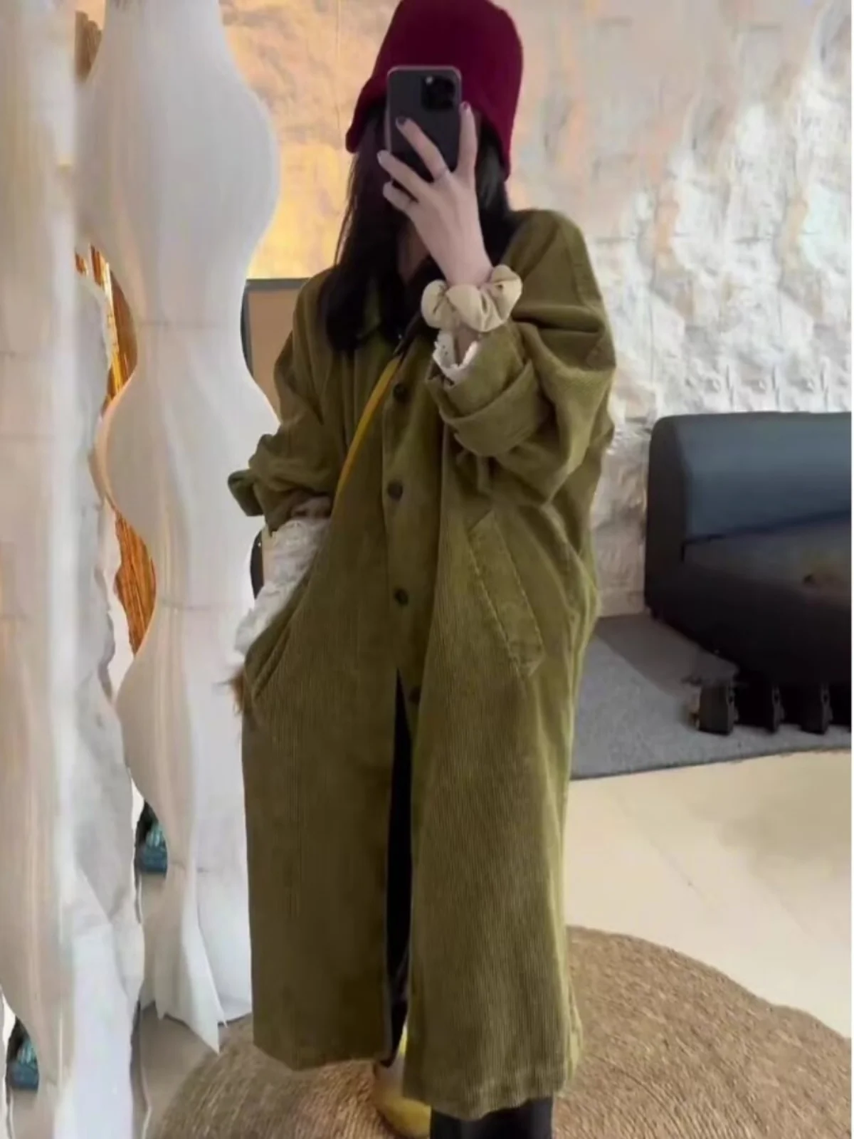 

Вельветовое пальто в стиле ретро, женское длинное свободное пальто, зимняя мода, верхняя одежда на пуговицах, Thiened Sve