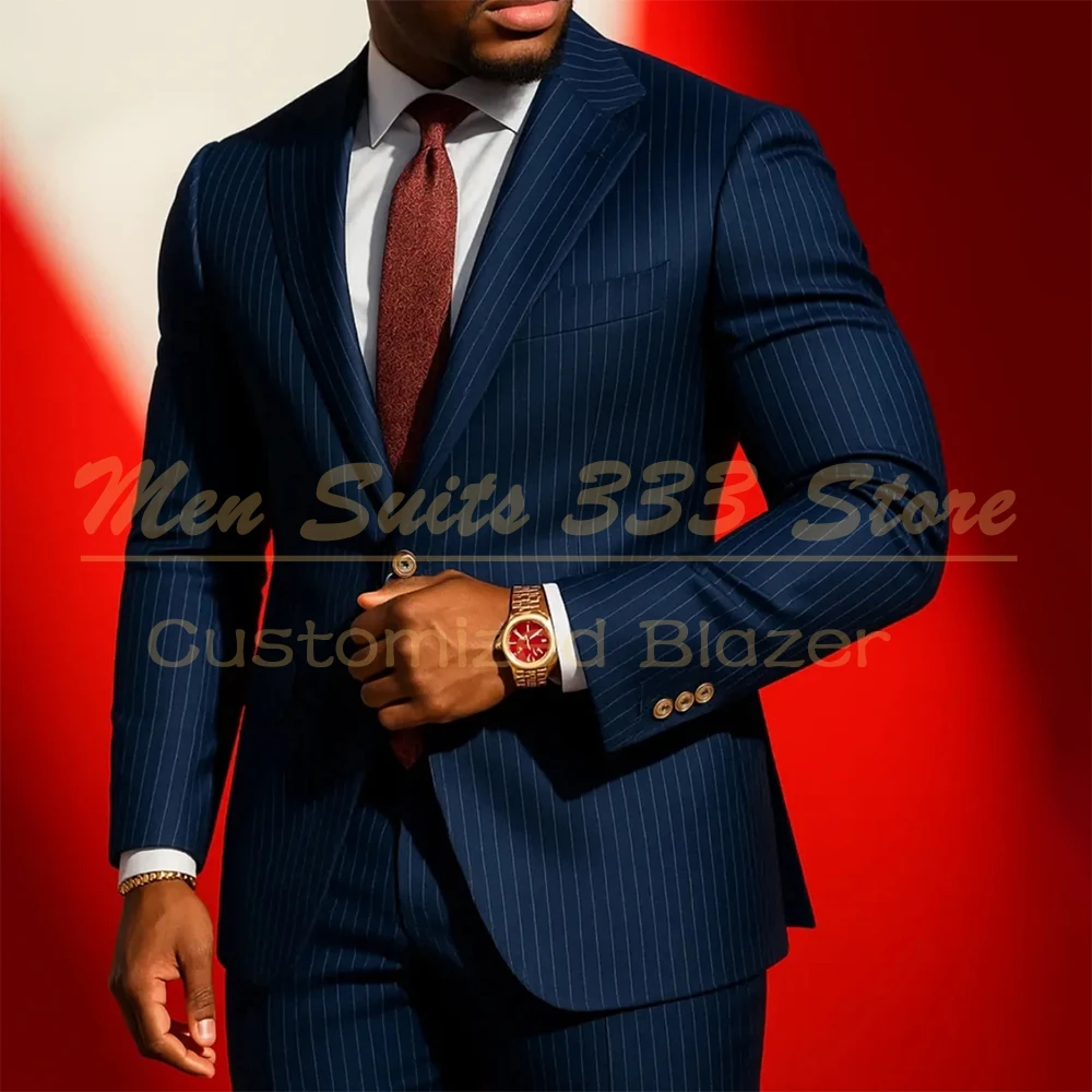 

Elegant Business Men's Suits Back Double Vent Single Breasted Notch Lapel Blazer Fashion Pinstripe 2 Piece Jacket Pants Clothing