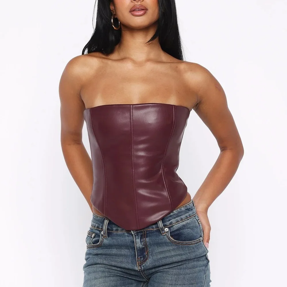 

Women's New Leather Corset Top Strapless Tight-Fitting Fishbone Corset Sexy Tube Top Vest