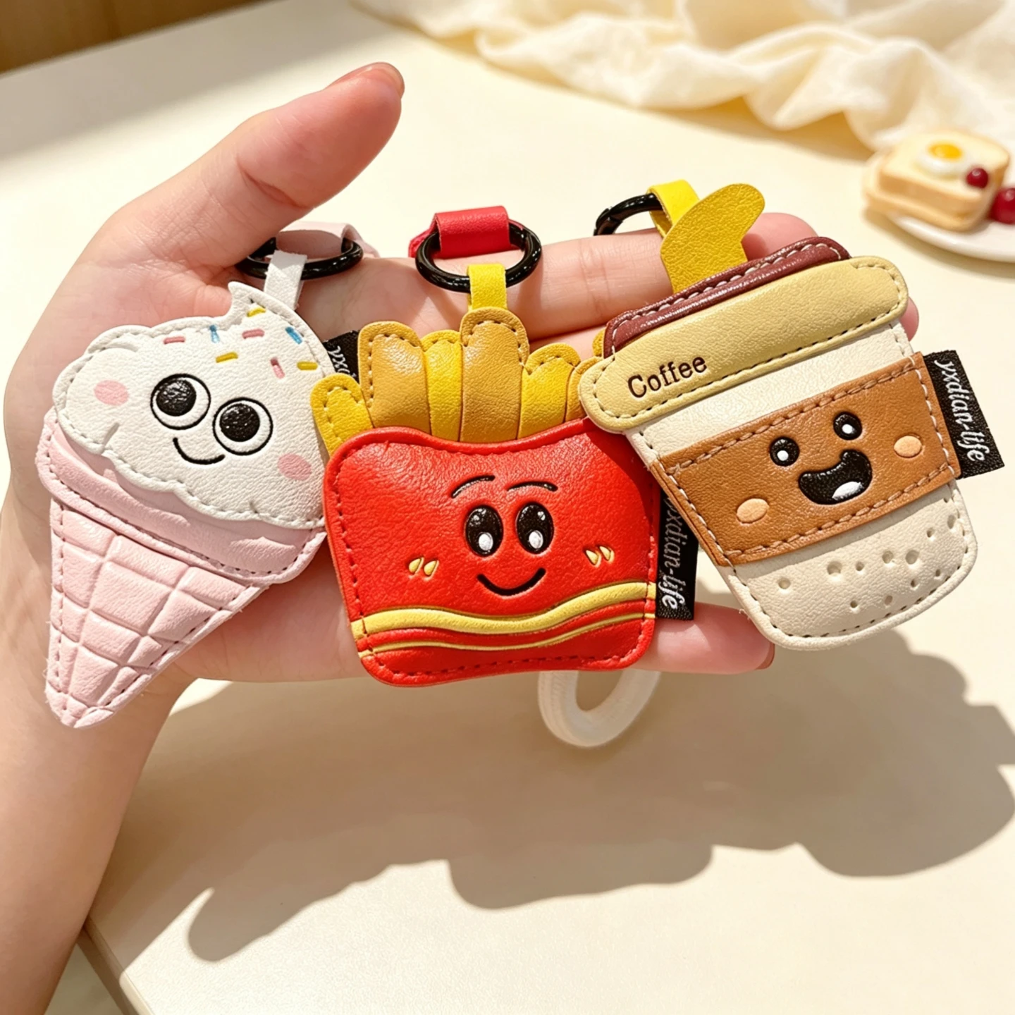 Kawaii Food Leather Keychain - Cute French Fries & Milk Tea Bag Charm, Adorable Couple Keyring for Bags & Keys, Perfect Gift