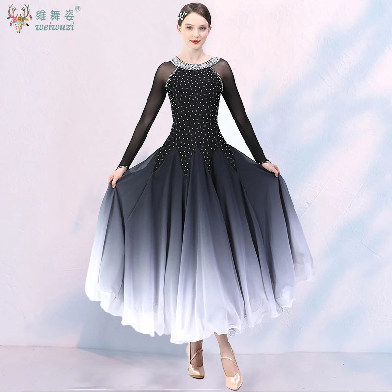 Traje de desempenho de dança moderna high-end elástico gradual mudança de cor vestido adulto valsa dança de salão roupas de competição