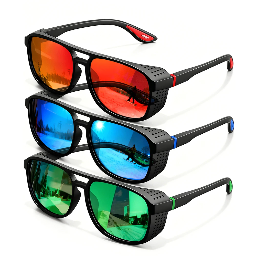 3pcs Polarized Sunglasses Set Windproof Steampunk Style Sturdy Frosted Frame for Driving Cycling And Fishing