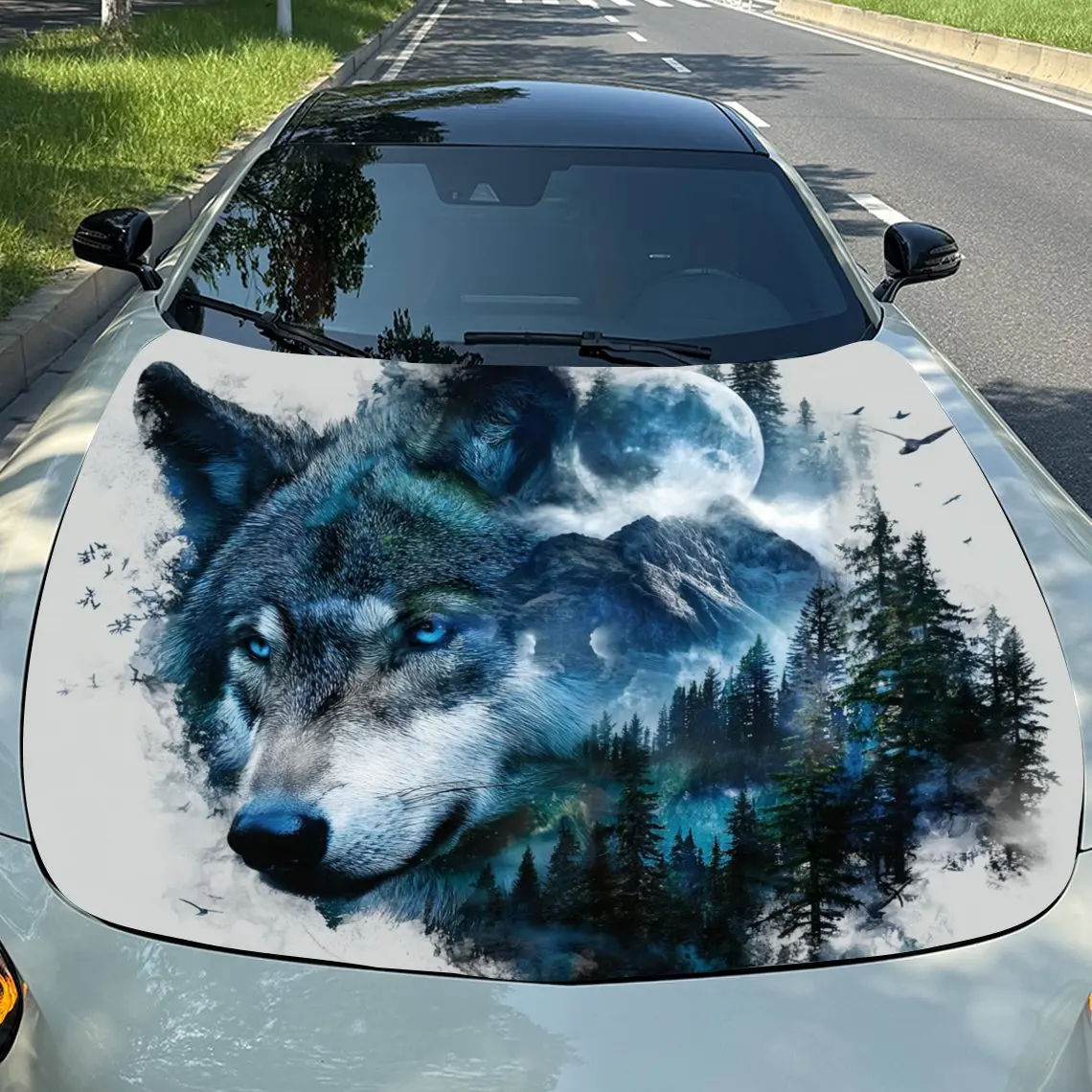 

Wolf Overlooking Mountains and Rivers in Misty Pine Forest Car Vinyl Wrap, PVC Material Waterproof Car Hood Sticker, Self-Adhesi